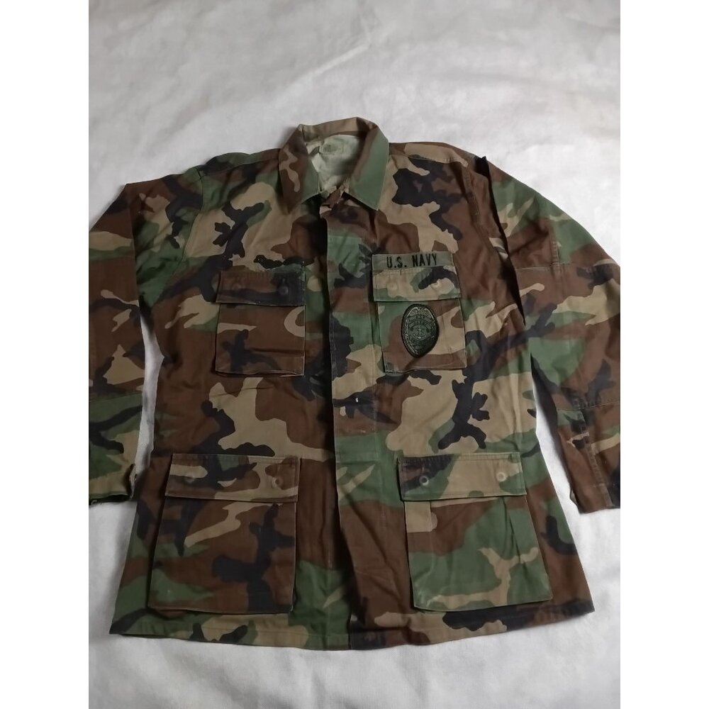 Vtg 90s US Navy Security Forces Coat Woodland Camoflauge Combat Medium Long